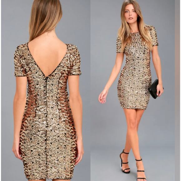 🔥NWT Lulus Nights on Broadway Gold Sequin Bodycon Dress Disco Cocktail Party SM - Picture 1 of 16